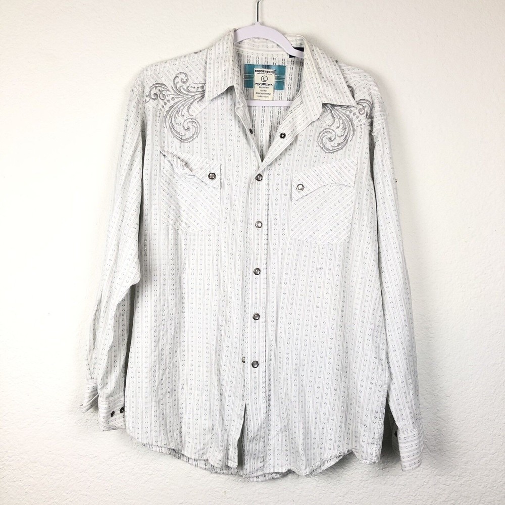 Rough Stock Mens Button down shirt sz L Panhandle Slim Western Embroidered PEARL